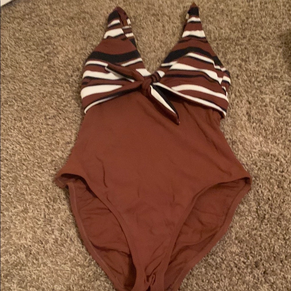 Robin Piccone Brown and White & Black Striped One Piece Swimsuit